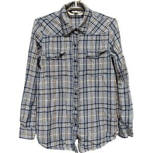 Billabong Top Womens Size‎ M Blue Pink Yellow Plaid Button Up Long Sleeve Cotton